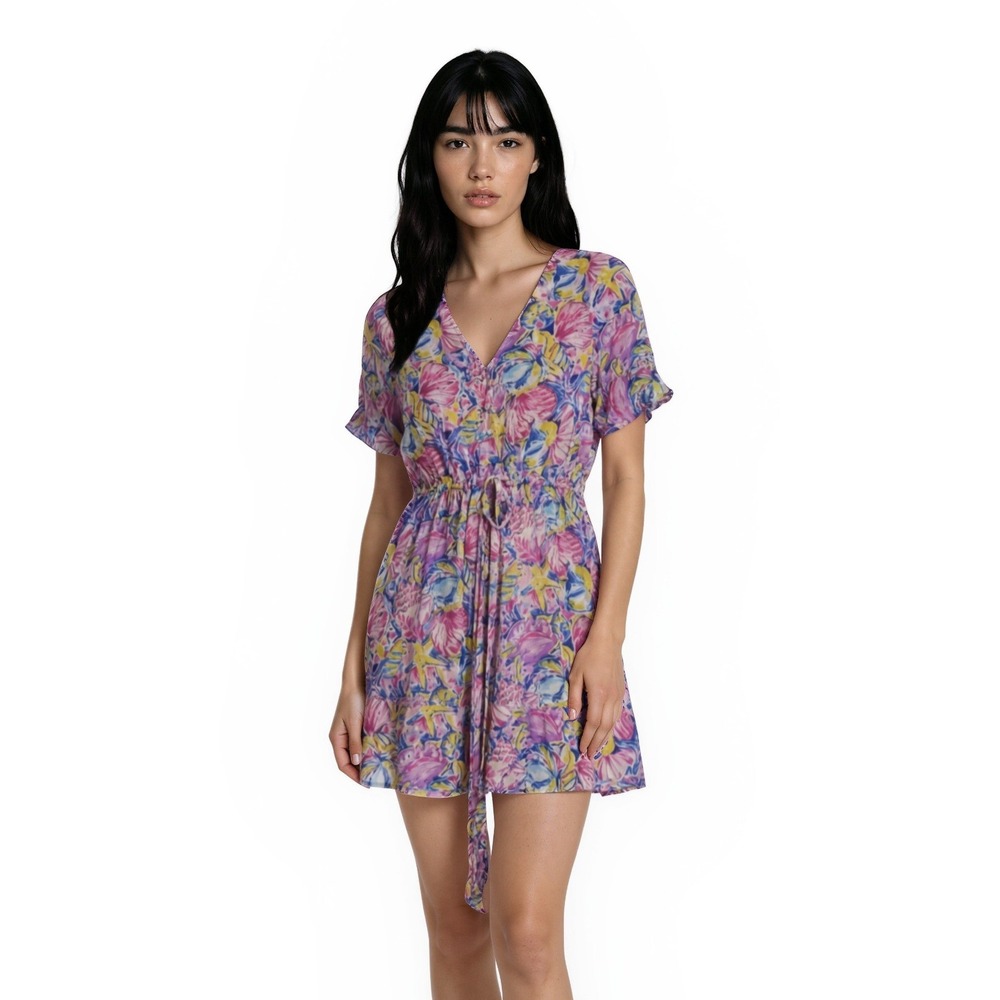 Pappagallo Dress Women's Size XL Pink Blue Ruffle V-Neck Kentucky Derby